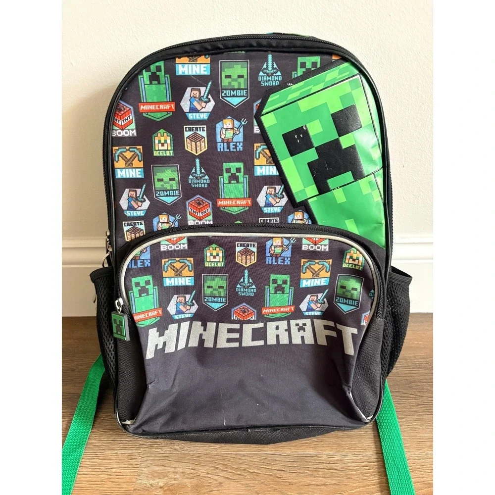 Minecraft Backpack Black‎ Green Creeper Steve Alex Zombie Cartoon Medium School